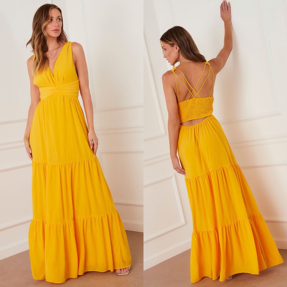NWT SkyLar Rose Vibrant Yellow Maxi Dress with Smocked Back